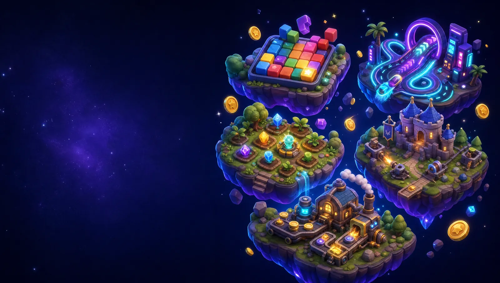 Những hòn đảo game 3D lơ lửng: lưới xếp khối, đường đua neon, vườn ghép đá quý
