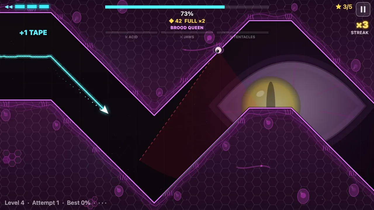 Gameplay Skimline: con tàu phát sáng bay giữa hai vách thịt tím, con mắt khổng lồ của trùm Mẹ Tổ nhìn theo