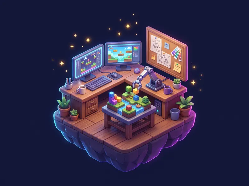 Xưởng game thu nhỏ: bàn làm việc, màn hình hiển thị màn chơi và cánh tay robot đang lắp ráp một thế giới game